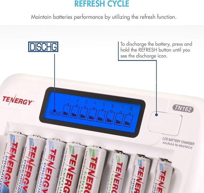 Tenergy Rechargeable Battery and Charger Combo TN162 - 8-Bay Smart AA/AAA NiMH/NiCd Charger + 8 pcs AAA NiMH Rechargeable Batteries