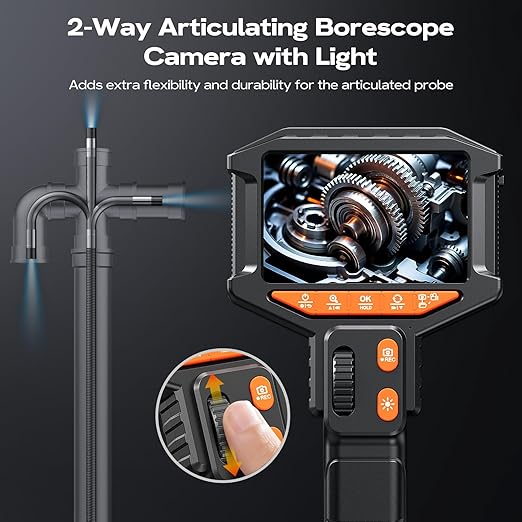 Two-Way Articulating Borescope Camera with Light: Industrial Endoscope Inspection Snake Camera - Flexible Bore Scope Cam with 0.33in Articulated Probe for Mechanic Automotive Engine Wall - 5.5FT