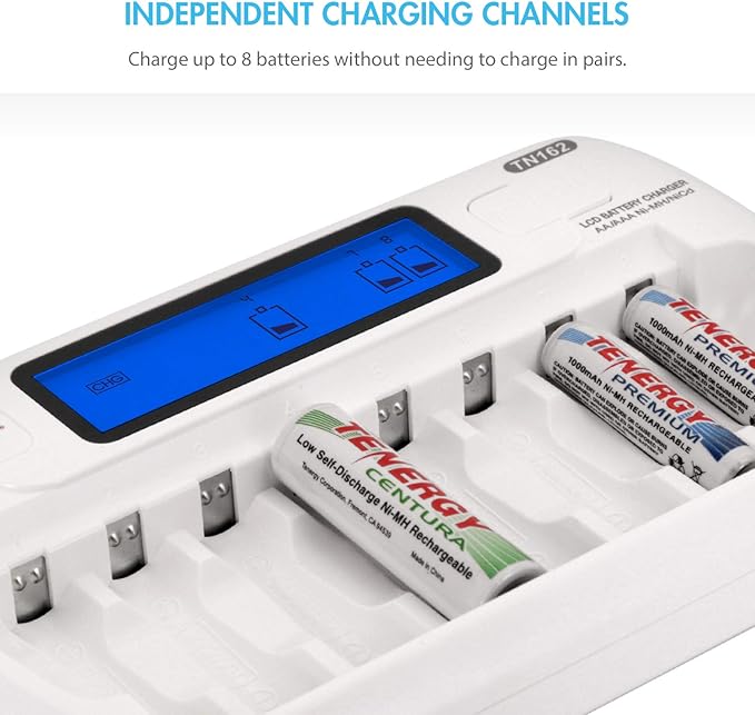 Tenergy Batteries and Charger Bundle, TN162 8-Bay Smart LCD AA/AAA NiMH/NiCd Charger + 8xAA and 8xAAA Premium NiMH Rechargeable Batteries…