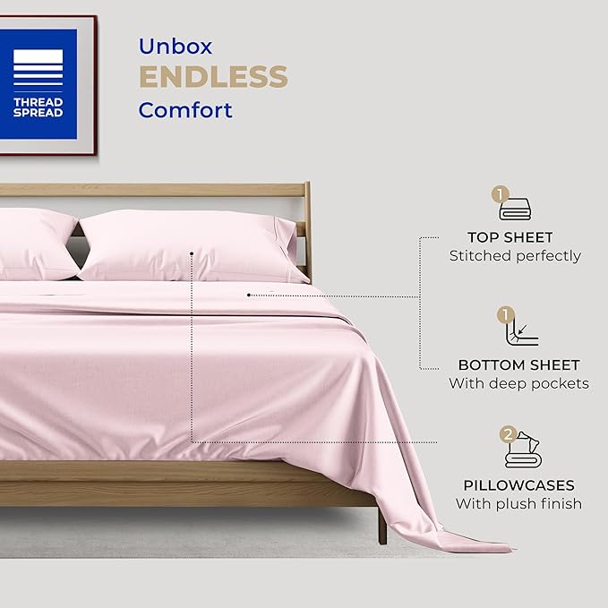 THREAD SPREAD 100% Cotton Sheets King Size - 400 Thread Count King Size Sheets Set (4 PC, Blush), 16" Deep Pocket All Around Elastic, Soft, Cooling, Durable & Breathable Sateen Weave Bed Sheet Set