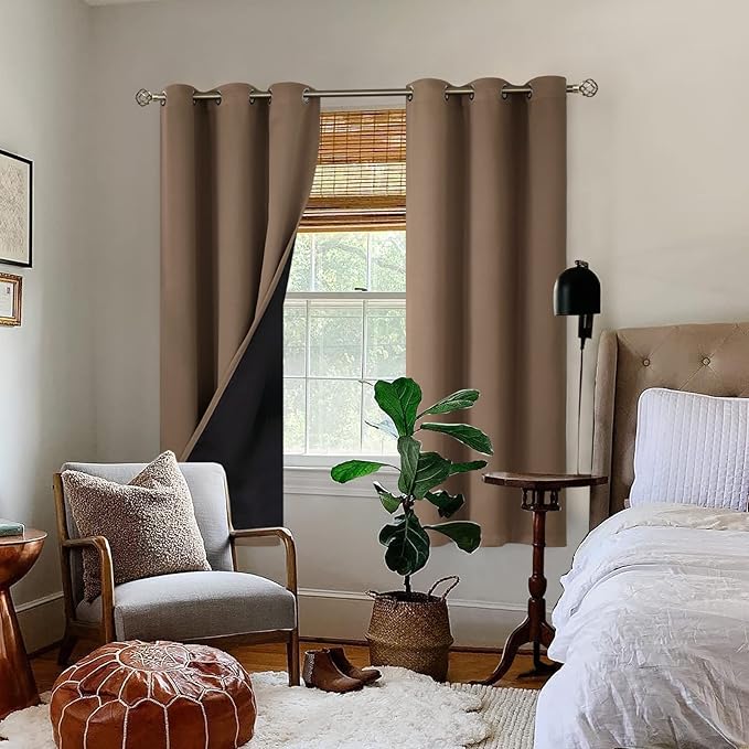 BGment Total Thermal Insulated 100% Blackout Curtains for Bedroom with Black Liner, Double Layer Full Room Darkening Noise Reducing Grommet Curtain (42 x 63 Inch, Taupe, 2 Panels)
