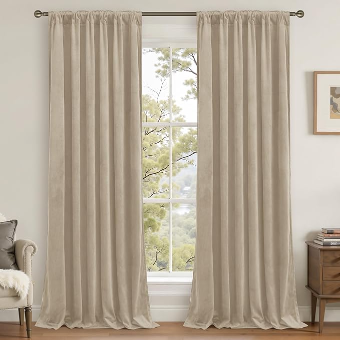 LAMIT Taupe Velvet Curtains 84 Inch for Living Room, Thick Thermal Room Darkening Drapes Elegant Back Tab and Rod Pocket Room Decor Panels for Bedroom/Sliding Glass Door, 2 Panels, 52 x 84 Inch
