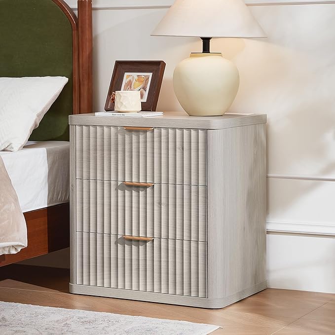 LEYAOYAO 23" Wide Fluted Night Stand with Charging Station, 3 Drawers Large End Table with Storage, LightGrey Nightstand Wood Bedside Tables, Farmhouse Cabinet Dresser for Bedroom, Closet