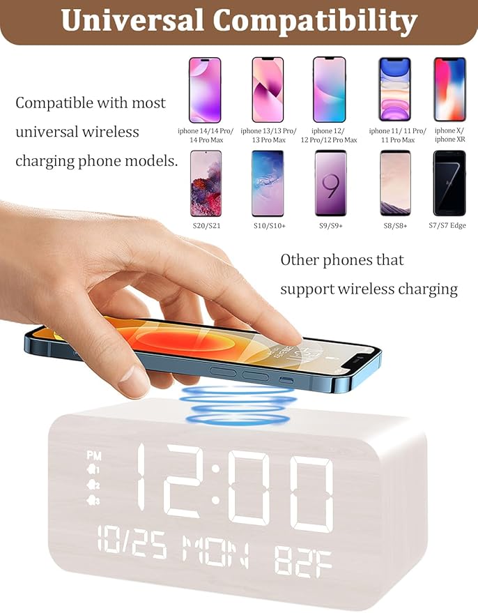 JALL Digital Alarm Clock, with Wooden Electronic LED Time Display, 3 Alarm Settings, Humidity & Temperature Detect, Wood Made Electric Clocks for Bedroom, Bedside, Desk (White-Wireless)