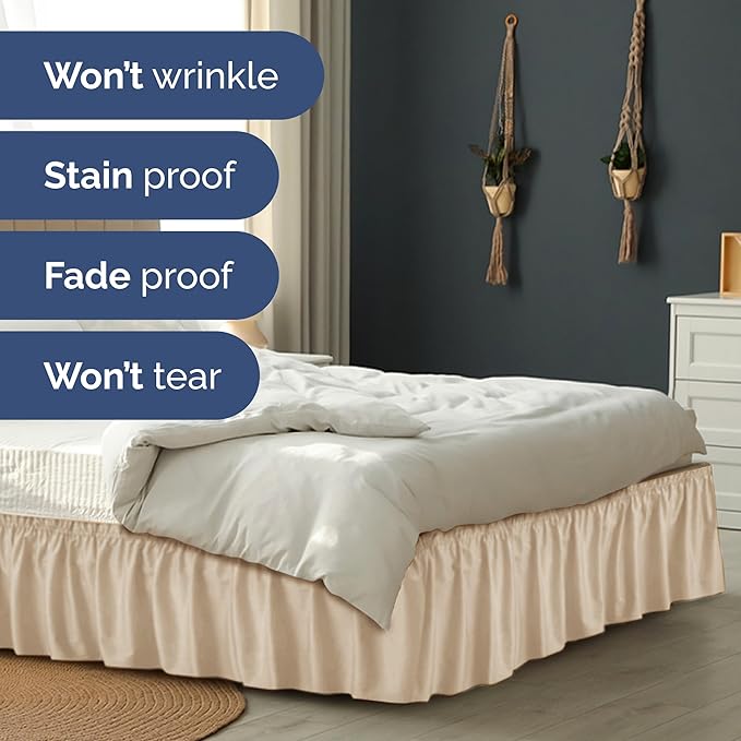 Wrap Around Dust Ruffle Bed Skirt - Cream - for Queen Size Beds with 15 in. Drop – Easy Fit Elastic Strap - Pleated Bedskirt with Brushed Fabric - Wrinkle Free, Machine Wash - by CGK Linens