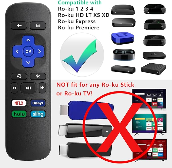 Universal Replacement Remote Control for Roku Express, for Roku Premiere, for Roku Box, for Roku Player, for Roku 1 2 3 4 -【NOT for Stick or TV】