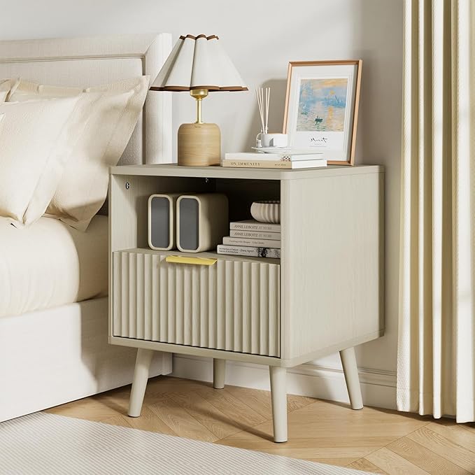 LYNSOM Fluted Dresser and Nightstand Sets 3 Piece, 9-Drawers Dresser and 1-Drawer Nightstands Set of 2, Wood Bedroom Furniture Set for Home, Bedroom, Hallway, Beige