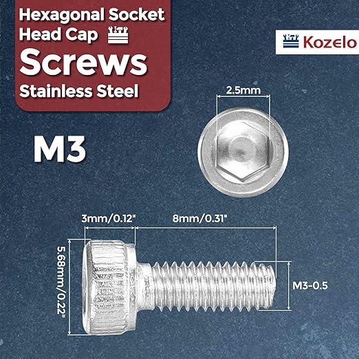 Kozelo 50pcs Socket Head Cap Screws - [M3-0.5 x 8mm] 304 Stainless Steel Allen Socket Drive for Electrical Motor 3D Printing Fan Engine Replacement Use, Silver