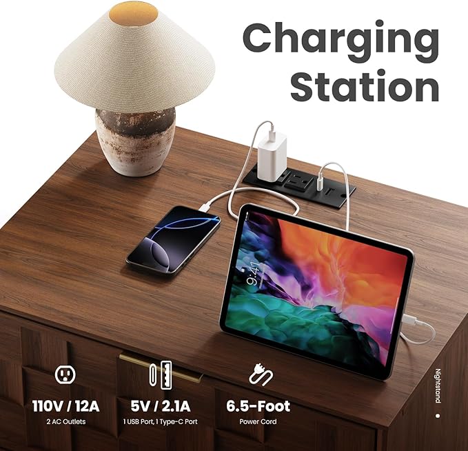 COLAMY Night Stand Set of 2, Nightstand with Charging Station, 22" Modern Bed Side Table with 2 Storage Drawers and Chessboard Relieffor Bedroom, Dorm and Small Spaces - Walnut