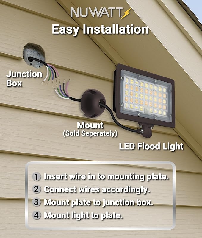 NUWATT 50W LED Flood Light, 3CCT 3000K/4000K/5000K Selectable, IP65 Waterproof Lighting, Adjustable Knuckle Mount, 7050LM, 0-10V Dimmable, 120-277V, Outdoor Security Floodlight for Yard, Bronze, UL