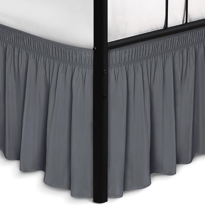 Biscaynebay Wrap Around Bed Skirts with Split Corners for King Beds 15" Drop, Dark Grey Adjustable Elastic Dust Ruffles Easy Fit Wrinkle Resistant Silky Luxurious Fabric Machine Washable