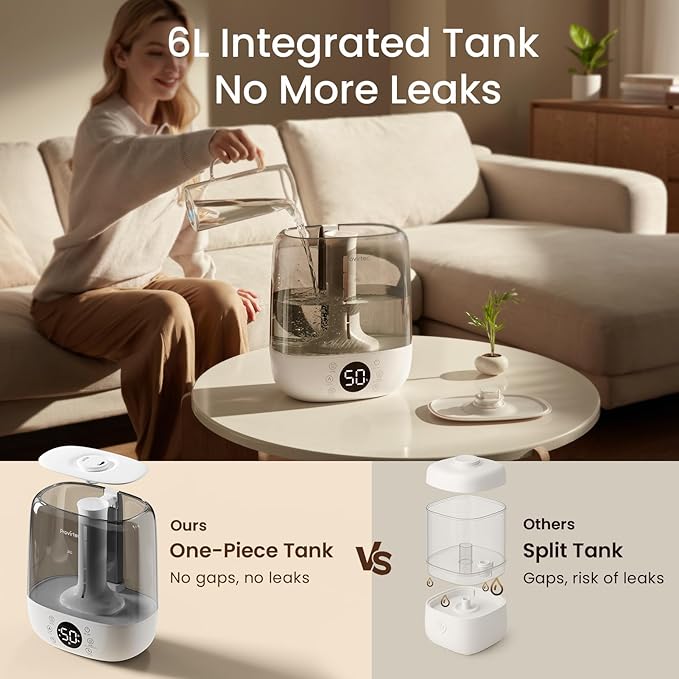 Provirtec 6L Self-Cleaning Humidifier for Large Room, CleanCare Warm & Cool Mist, No-Leak Design & Top Fill, 60 Hour Runtime, Quiet Ultrasonic Auto Mode with Remote Control for Bedroom & Home