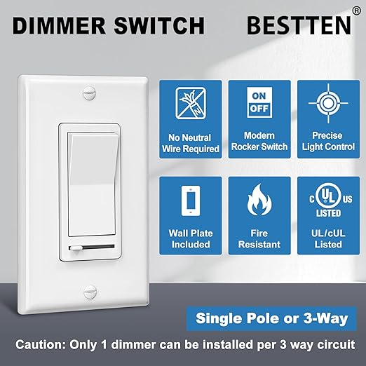 BESTTEN 2 Pack Dimmer Light Switch, Universal Lighting Control, Single Pole or 3 Way, Compatible with LED Dimmable Lamp, CFL, Incandescent, Halogen Bulb, Decorator Wallplate Included, UL Listed, White