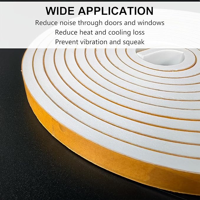 Weather Stripping Door Seal Strip, Strong Adhesive, Weatherproof, Reduce Noise, Gap Filler, Foam Insulation Tape for Doors and Windows (1/2 in x 1/8 in x 16 Ft), White