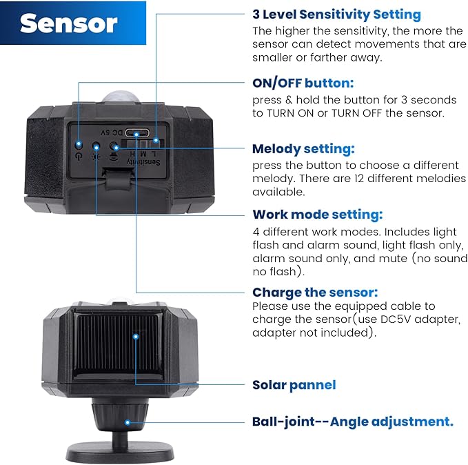 Solar Wireless Driveway Alarm Alert Outside 2000ft Range, Outdoor Motion Sensor & Detector Driveway Alert System with Rechargeable Battery/Weatherproof/Mute Mode/Expandable(1 Receiver and 2 sensors)