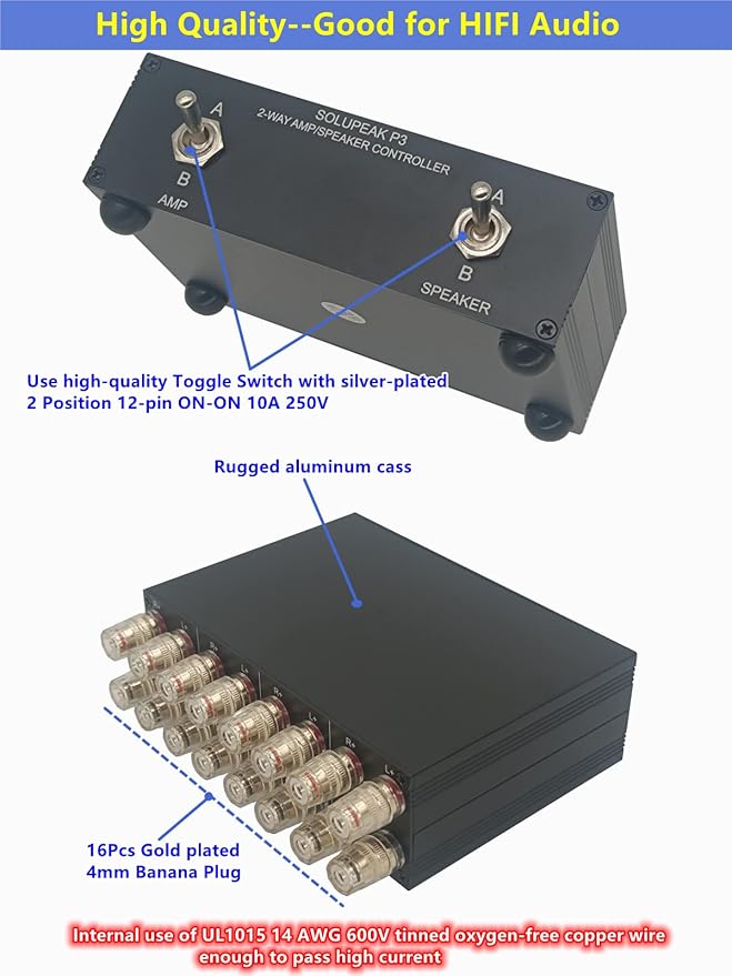 SOLUPEAK P3 2-Way AMP Amplifier to 2 Pair of Speakers Selector Switch Switcher Splitter Combiner Box 2 in 2 Out