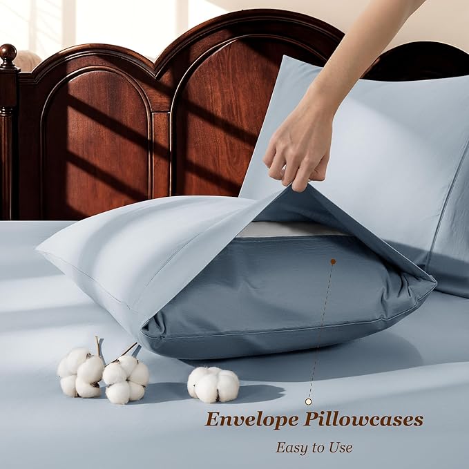 LBRO2M 1000 Thread Count 100% Egyptian Cotton Sheets Set Queen Size, 4 Piece Sets Bed Sheet Deep Pocket Sheet Set 16" Soft Comfortable All Season (Queen, French Blue)