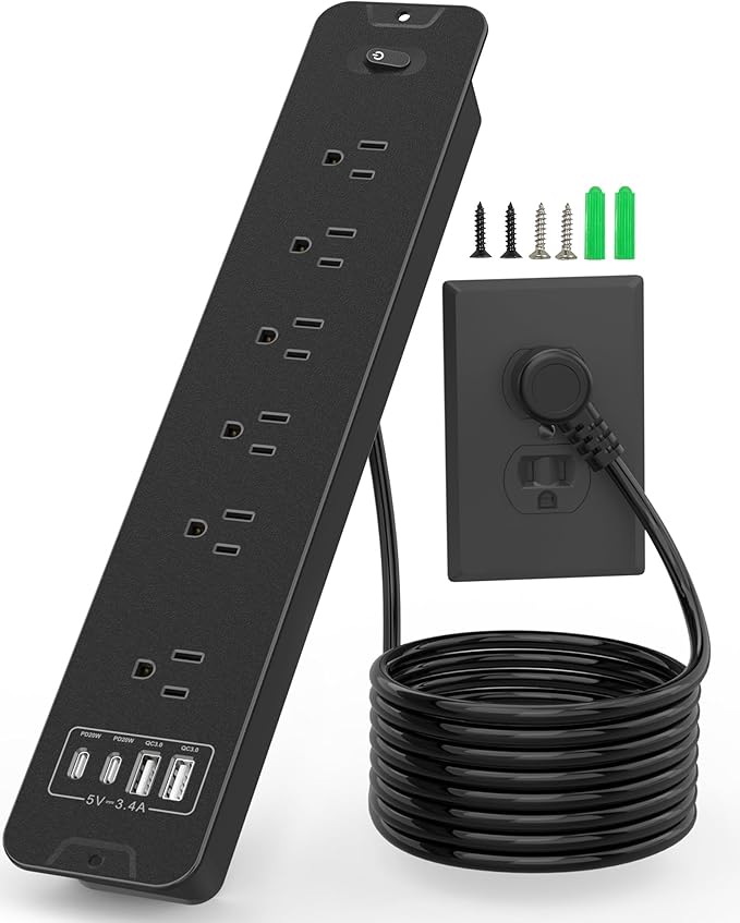 Inhwatek Recessed Power Strip with 20W USB C Port, Flush Mount Power Strip Surge Protector, 6Ft Flat Plug Extension Cord, Space-Saver Recessed Outlet for Furniture Side Table