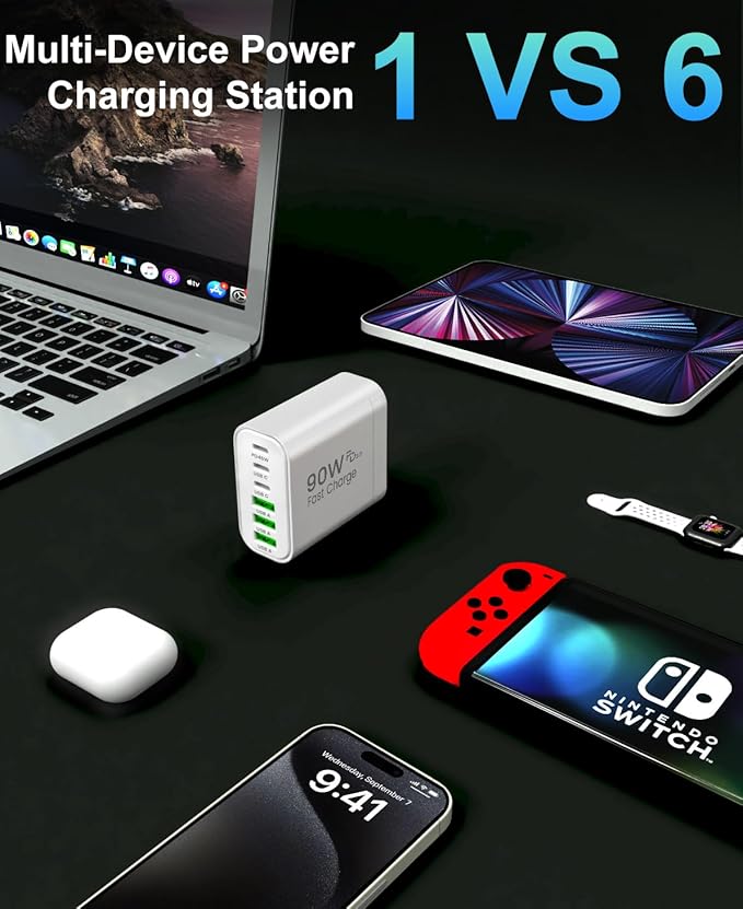 90W GaN USB C Charger Block,6-Port USB C Wall Charger Fast Charging 45W PD Power Adapter for iPhone 17Pro Max/Samsung Galaxy S24 Ultra/Tabs/MacBook Air/iPad Pro for Home Travel