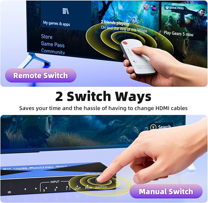 8k@60Hz HDMI Switch 3 in 1 Out Supports DSC 4K@240Hz 3D HDR10+ HDCP 2.3 VRR, ALYYDBG HDMI 2.1 Switcher with Remote for PS4/5 Xbox Nintendo Swtich Roku Fire Stick Apple TV to Connect TV Monitor