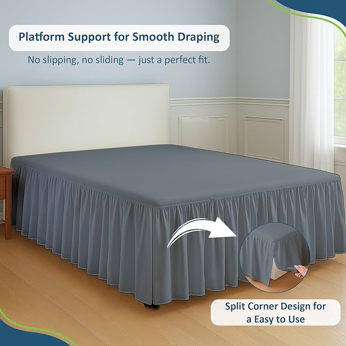 Rajlinen Ruffled Bed Skirt King, 15 Inch Drop Dust Ruffle with Split Corners, 100% Microfiber Bedskirt with Platform, Three-Sided Coverage Ruffled Gathering Design, Dark Grey