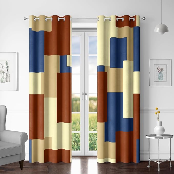 Terracotta Blue 100% Blackout Curtains for Bedroom 84 inch Long 2 Panels Set Modern Abstract Geometric Black Out Curtains Insulated Room Darkening Window Drapes for Living Room, 52Wx84L