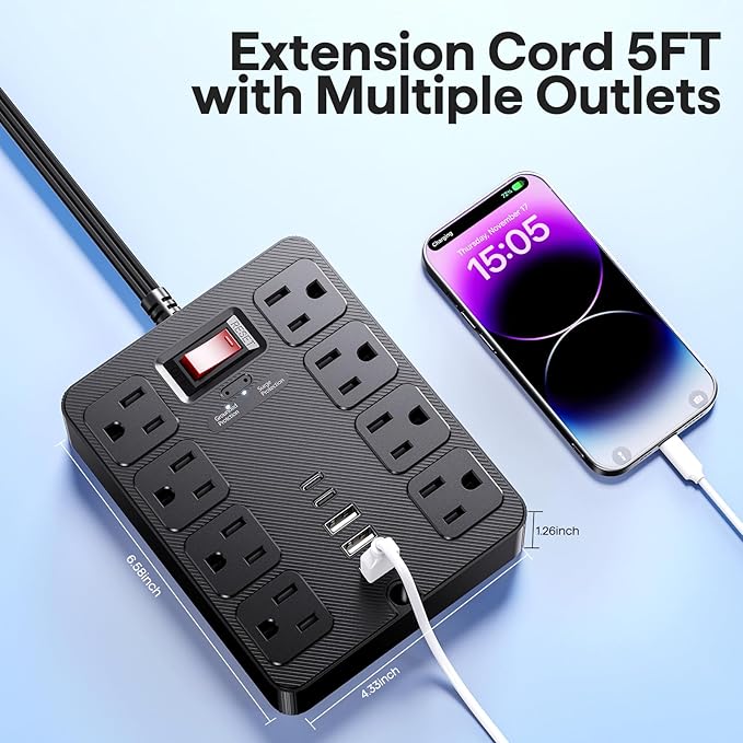 13 in 1 Surge Protector Power Strip Flat Plug 8 Widely AC Outlet 3 USB Ports,1250W/10A，5 ft Extension Cord with Multiple Outlets, Desk Extender for Dorm, Home,Travel， Office Essentials,ETL Listed