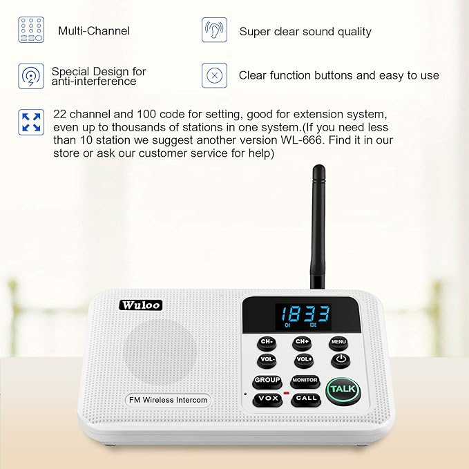 Wuloo Intercoms Wireless for Home 1 Mile Range 22 Channel 100 Digital Code Display Screen, Wireless Intercom System for Home House Business Office, Room to Room Intercom Communication(4Stations White)