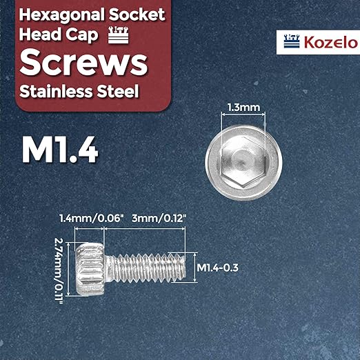 Kozelo 60pcs Socket Head Cap Screws - [M1.4-0.3 x 3mm] 304 Stainless Steel Allen Socket Drive for Electrical Motor 3D Printing Fan Engine Replacement Use, Silver