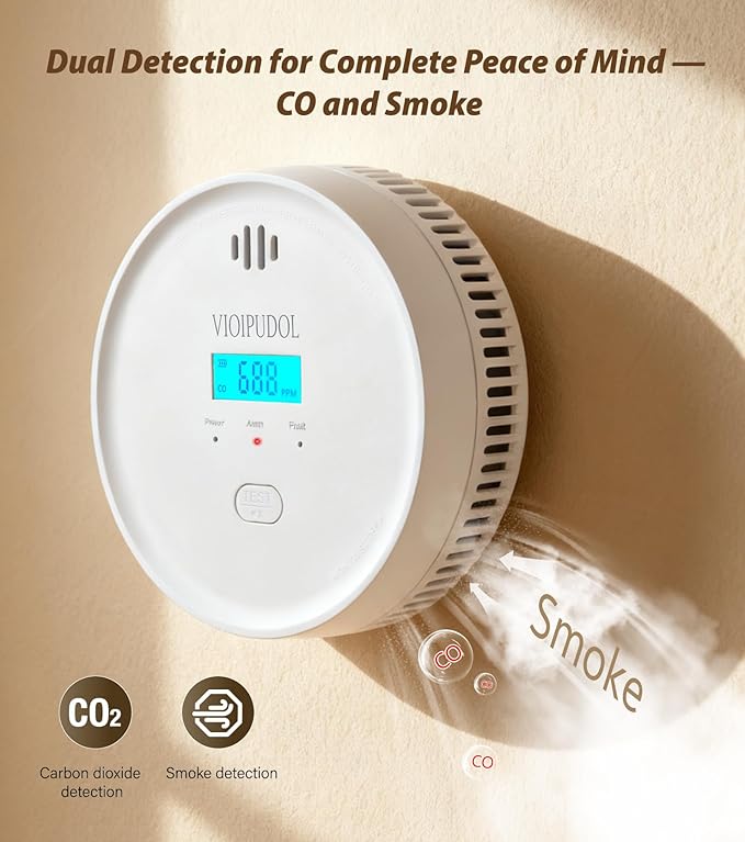 Smoke and Carbon Monoxide Detector with Digital Display, 10-Year Lifespan with Replaceable Lithium Battery, Photoelectric Fire Alarm and Electrochemical CO Alarm with Test/Silence Button, 2 Pack