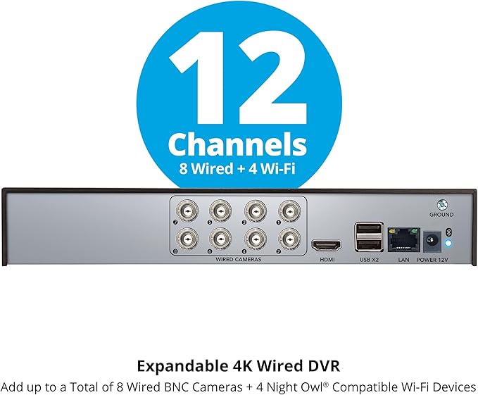 Night Owl 2-Way Audio 12 Channel DVR Video Home Security Camera System with (4) Wired 4K HD Indoor/Outdoor Deterrence Cameras and 2TB Hard Drive (Add up to 4 Wi-Fi Cameras) (4 Camera)