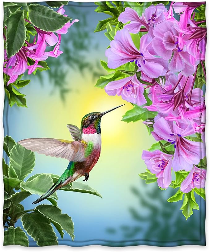 Jekeno Hummingbird Floral Blanket Gifts for Women Kids Girls Pink Flowers Bird Home Bedroom Decor Soft Cozy Lightweight Plush Throw Blanket 60"x80"