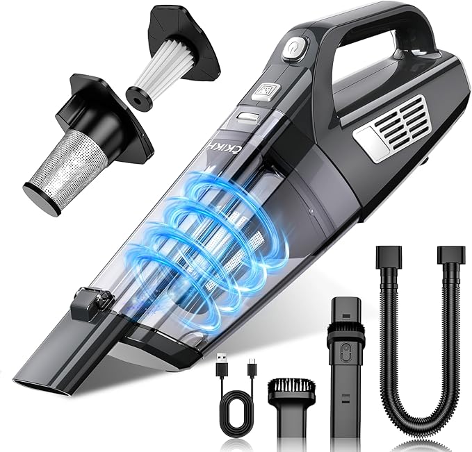 CKIKH Handheld Vacuum Cordless, 15000PA Strong Suction Hand Held Car Vacuum Cleaner Portable with Multi-Nozzles & Washable Filter, Lightweight Dust Busters Rechargeable for Home, Car, Office, Pets