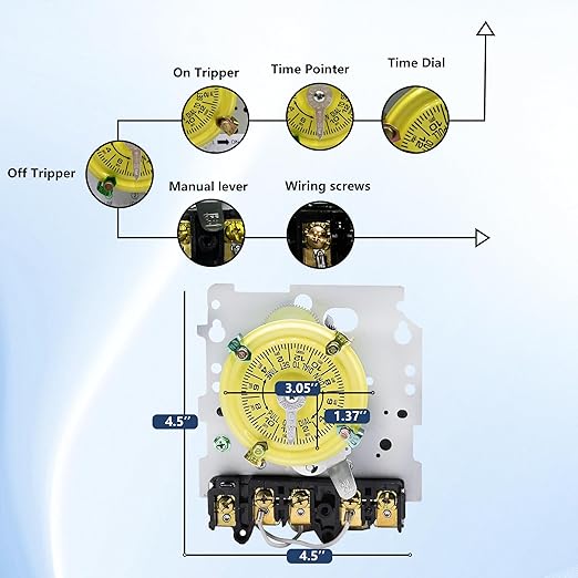 T104M Mechanical Time Switch,208-277 VAC 5HP 40A DPST Time Switch,24 Hour 12 ON/Off,Mechanism Only,Heavy Duty Electromechanical Outdoor/Indoor Timer for Pool Pump and Water Heater Lighting
