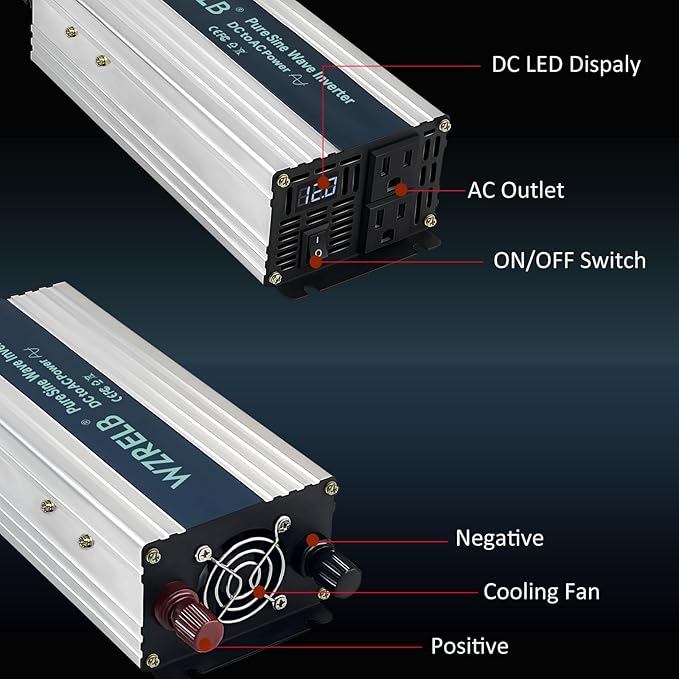 WZRELB 1000W Pure Sine Wave Inverter 36V DC to 110V 120V AC Power Converter with LED Display, Off-Grid Portable Power Inverter with 2 AC Outlets for Home, RV, Truck, Camping