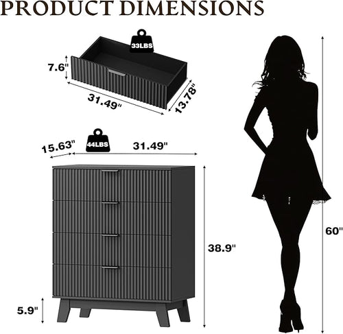 39" Tall Dresser for Bedroom, 4-Drawer Fluted Chest of Drawers, Modern Wood Highboy with Deep Storage, Metal Slides & Handles, Anti-Tip Kit, Vertical Clothes Organizer for Apartment, Nursery