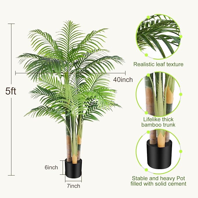 5ft Tall Triple Golden Cane Palm Artificial Tree Large Tropical Palm Tree UV Resistant Fake Plant in Pot for Indoor Outdoor Big House Living Room Outside Patio Office Home Decor 2Pack