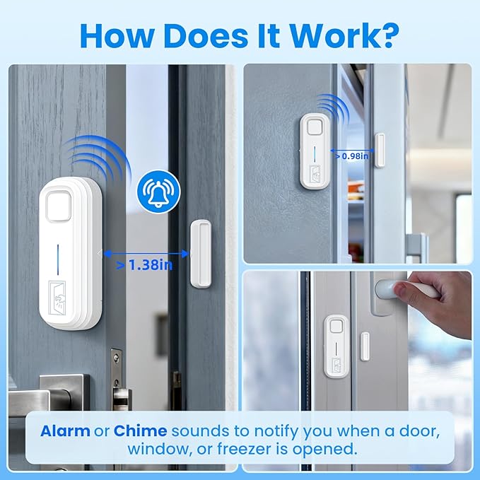 Sanjie Door Alarm with Instant and Delayed Alerts 30s/1min/2min/4min, Door Window Ajar Alarms for Kids Safety/Home Security, Volume 0-120dB, Left Open Alert for Freezer Fridge Home, 1 Sensor