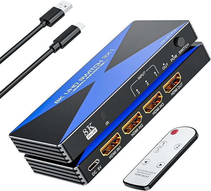 8k@60Hz HDMI Switch 3 in 1 Out Supports DSC 4K@240Hz 3D HDR10+ HDCP 2.3 VRR, ALYYDBG HDMI 2.1 Switcher with Remote for PS4/5 Xbox Nintendo Swtich Roku Fire Stick Apple TV to Connect TV Monitor