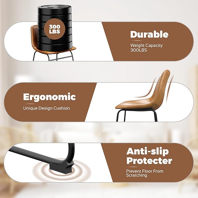 Dining Chairs Set of 2, 18 Inch Modern Armless Dining Chair with Back, Faux Leather Kitchen Dining Room Chair with Metal Legs for Home, Bistro Coffee Shops (Brown)