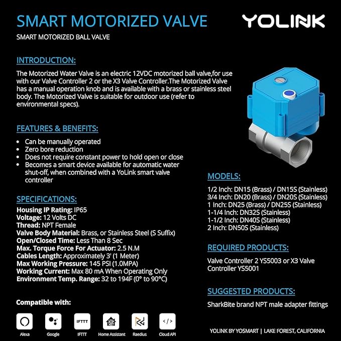 NSF Certified Pulse Meter + Shutoff Valve Kit, 1/2", FlowSmart Controller YS5006 Reads Meter Pulses, Real-Time Usage & Leak Detection, Auto Shutoff (D2D Offline), LoRa Long Range, Hub Included
