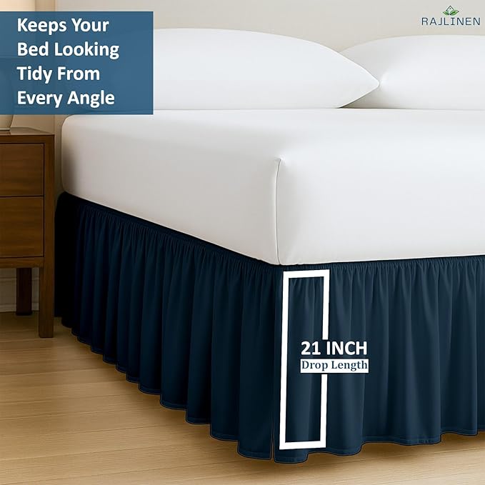 Rajlinen Ruffled Bed Skirt Full, 21 Inch Drop Dust Ruffle with Split Corners, 100% Microfiber Bedskirt with Platform, Three-Sided Coverage Ruffled Gathering Design, Navy Blue