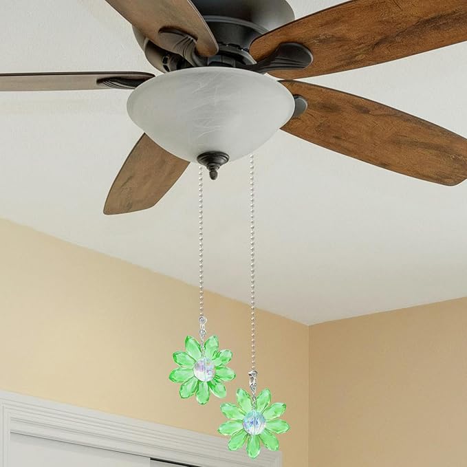 LEFERS Ceiling Fan Pull Chain, 2 Pieces 1.8" Crystal Glass Flower Pendants with 24" Ceiling Fan Chain Extender and Connector (Green)