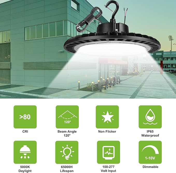 High Bay Led Shop Lights 200W 1-10V Dimmable UFO LED High Bay Light 200W 5000K with US Plug&Hook 30000LM ETL Listed - Ideal Shop Lights UFO Lights Led Warehouse