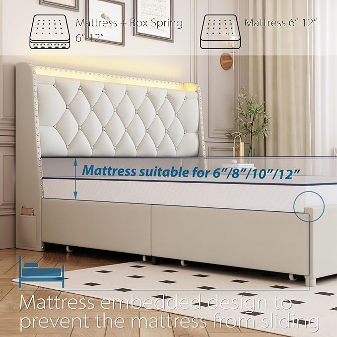 Queen Size Bed Frame with 4 Drawers and Storage Headboard, Upholstered Button Tufted Platform Bed Queen with Led Lights and Charging Station, No Box Spring Needed, Easy Assembly, Noise Free, Beige