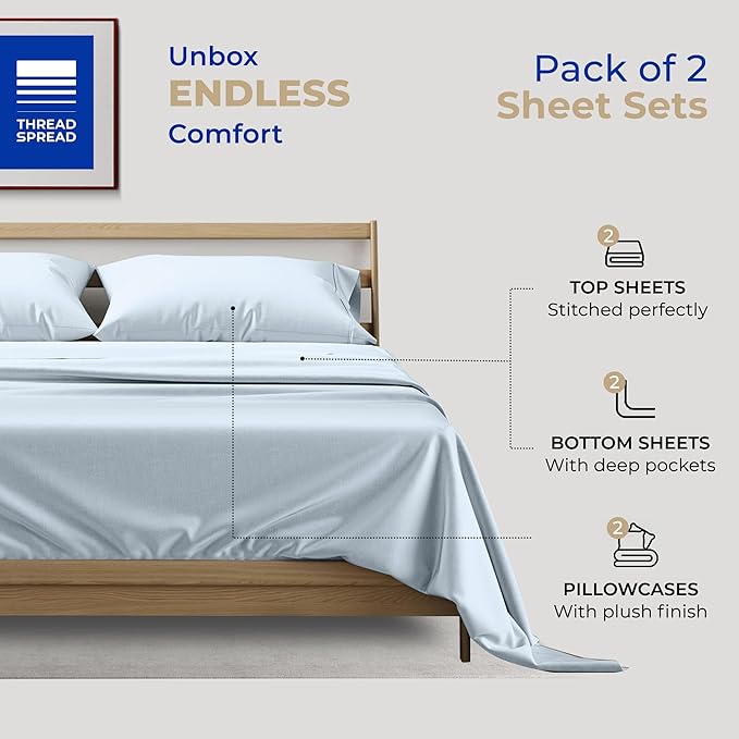 THREAD SPREAD 2-Pack Twin Cotton Sheets Sets - 400 Thread Count 100% Cotton Sateen Weave - Extra Soft, Breathable, Hotel Quality Cooling Sheets, 2 Sets of Twin Size Deep Pocket Bed Sheets (Light Blue)