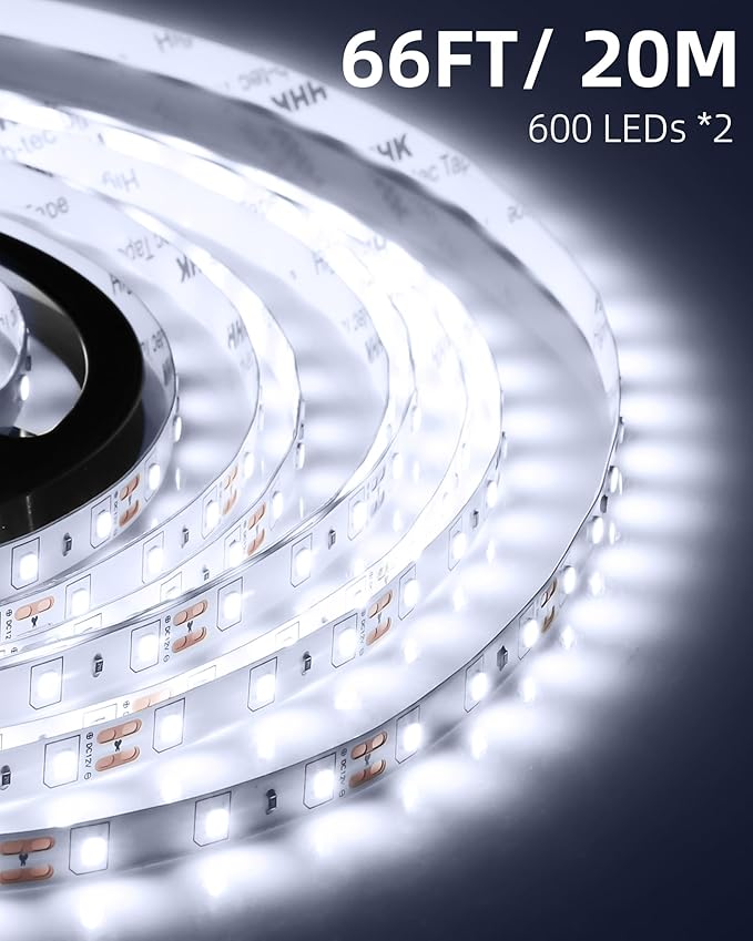 JNGMAIR 66ft LED Strip Lights with Remote, 6500K Daylight White Dimmable Tape Lights, 12V 1200 LEDs 2835 Strong Adhesive Rope Lights for Cabinet Kitchen Ceiling Closet Vanity Mirror Stairway Basement