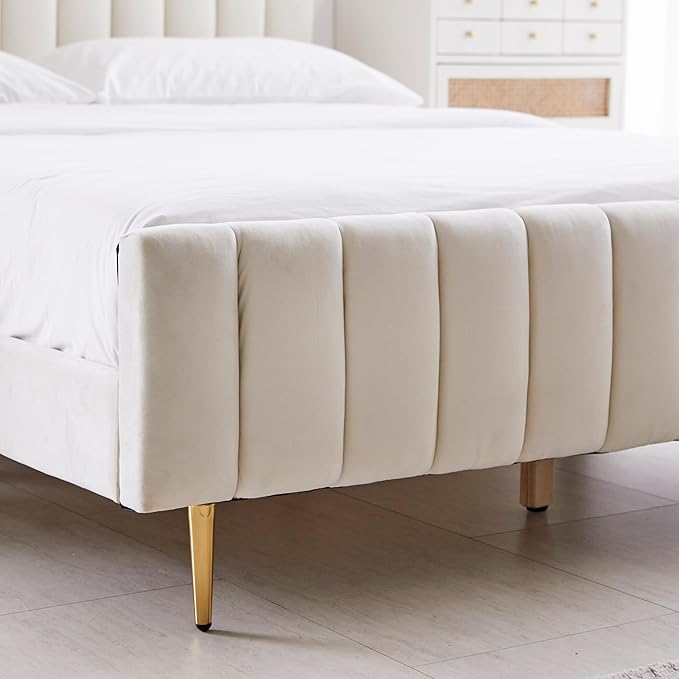 Livinia Full Size Elton Velvet Platform Bed, Upholstered Bed Frame with Vertical Channel Tufted Headboard Footboard, Strong Wood Slats, No Box Spring Needed, Ivory (Full)