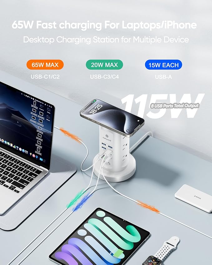Kakyanill 115W USB Charging Station, Surge Protector Power Strip Tower, 9 AC Outlets with 8 USB Ports(4 USB-C), 6Ft Flat Plug Retractable Extension Cord, for Home Office Dorm, White