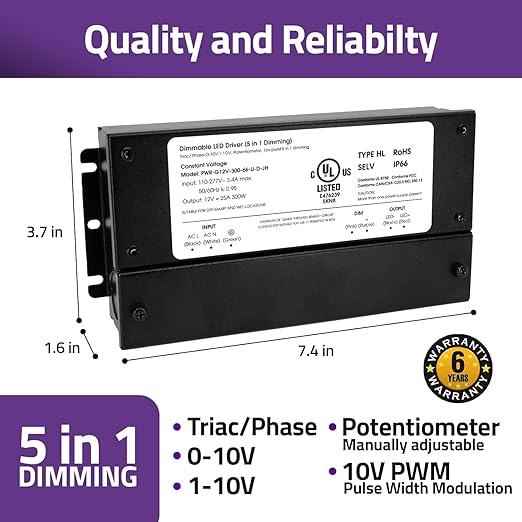 HitLights 300W Dimmable LED Driver, Electronic Transformer, 120V AC to 12V DC Power Supply for LED Strip Light, IP66 Rated, Dimming with TRIAC, 0-10V, 1-10V, Potentiometer, 10V PWM, UL Listed, Class 2